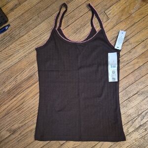 Brown Ribbed Tank Top with Pink Trim
